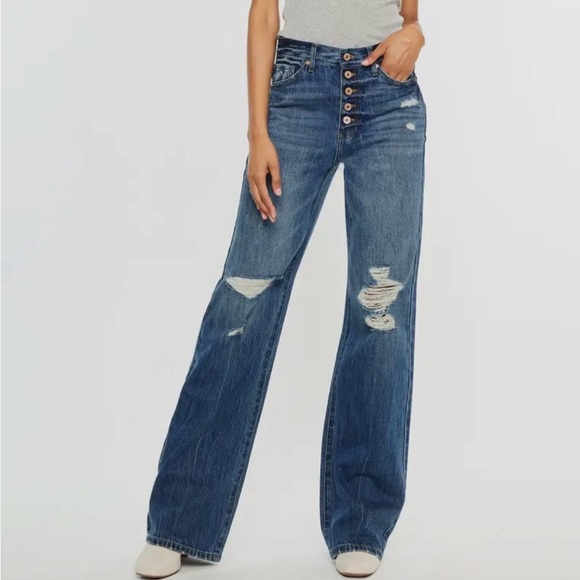 Kancan Ariena Ultra High Rise 90's Flare Jeans Distressed Button Fly NWT - Picture 4 of 8